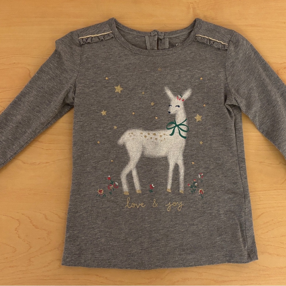 Charming Gray Long Sleeve Kids Tee with Holiday Deer Design 3T